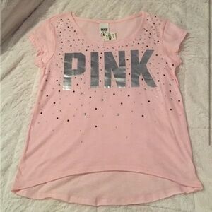 VS PINK - WHITE RAW HEM T SHIRT W RHINESTONES/DIAMONDS, METALLIC SILVER …